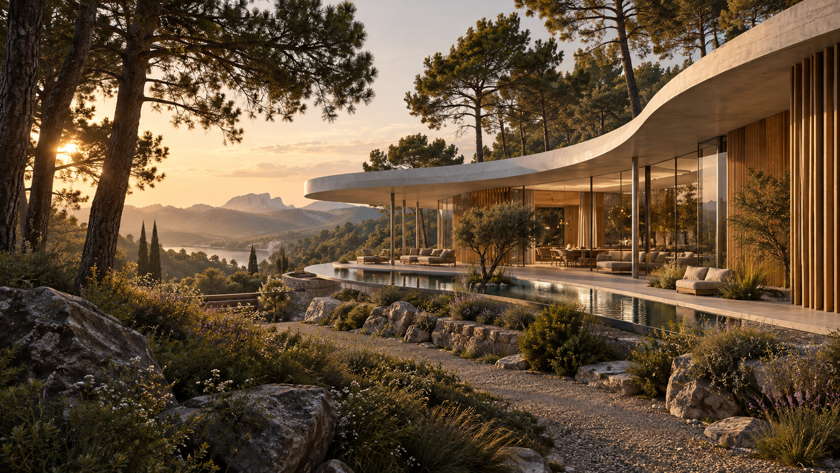 Render conceptual ficticio de un pabellón curvo de madera y vidrio integrado en un bosque
